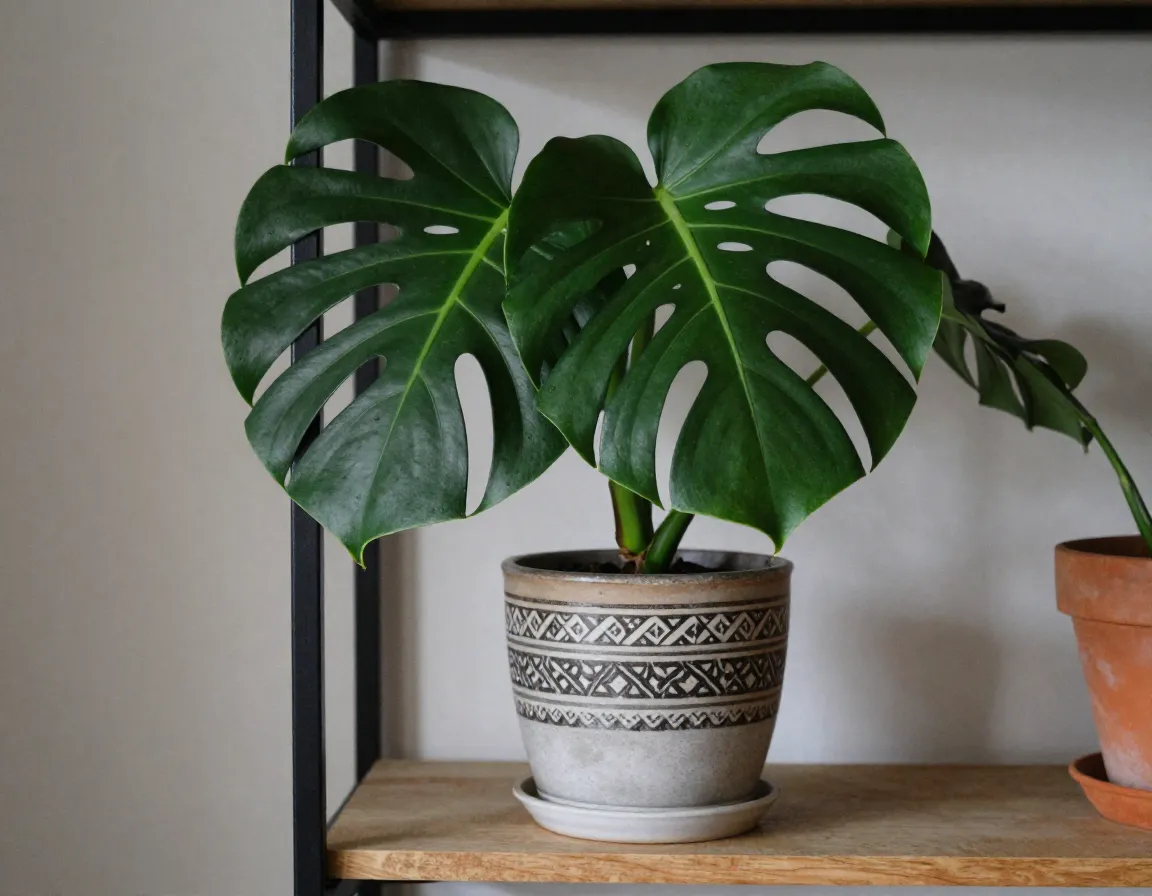 Monstera Deliciosa houseplant in decorative pot